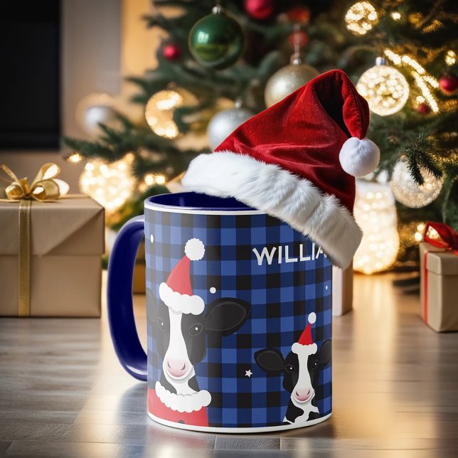 Taza Navidades de animales de la granja Cow Santa Blue  (Get this fun and personalized cow Santa hat mug for your holiday!)
