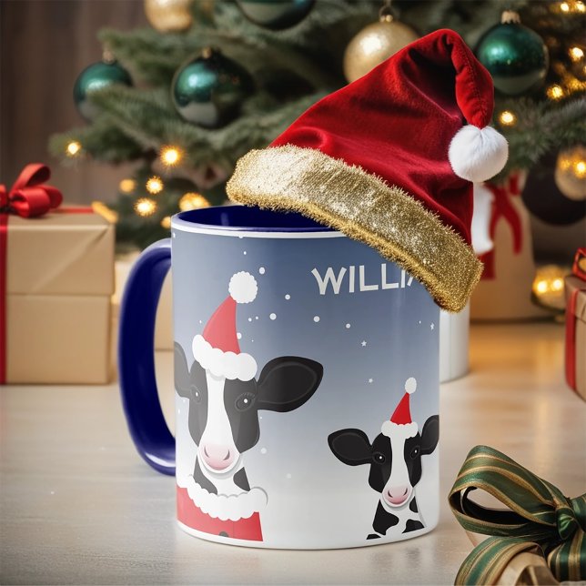 Taza Navidades de animales de la granja Cow Santa Blue  (Add this fun and personalized cow Christmas mug to your holiday.)