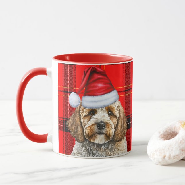 Taza Navidades de Cockapoo Red Plaid Santa Dog (Con donut)