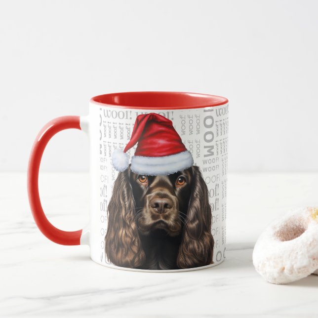 Taza Navidades de Cocker Pardo Spaniel Dog Santa Woof (Con donut)