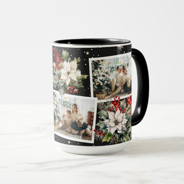 Taza Navidades de fotografía negra de Poinsettia Holly  (Anverso derecho)