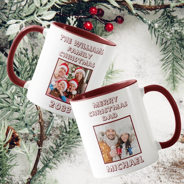Taza Navidades de la familia Dad Foto Maroon & White (Front And Back)