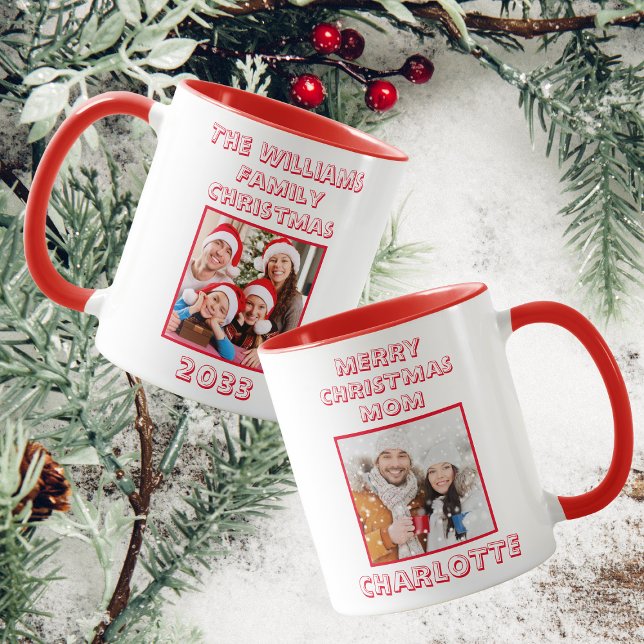 Taza Navidades de la familia de mamá foto roja y blanca (Front And Back)