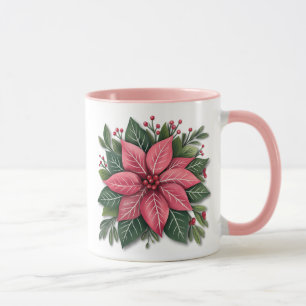 Taza Navidades de Poinsettia Rosa con follaje festivo