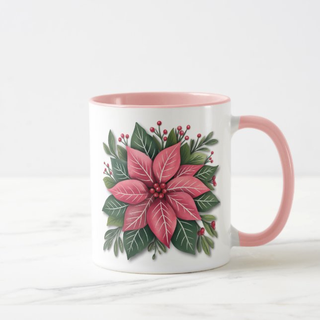 Taza Navidades de Poinsettia Rosa con follaje festivo (Derecha)