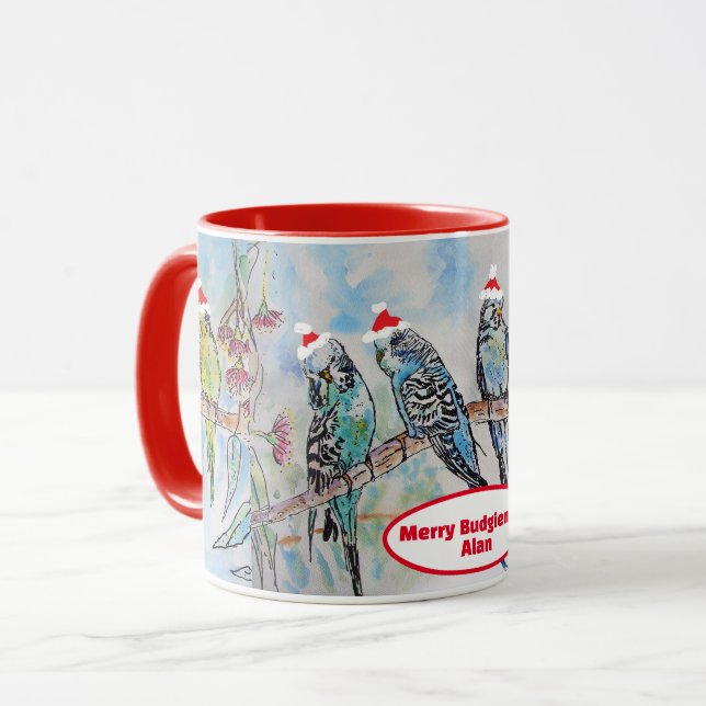 Taza Navidades de Santa Budgie Pájaro de pintura acuáti (Anverso izquierdo)
