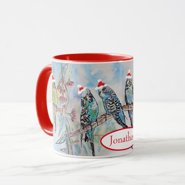 Taza Navidades de Santa Budgie Pájaro de pintura acuáti (Anverso izquierdo)