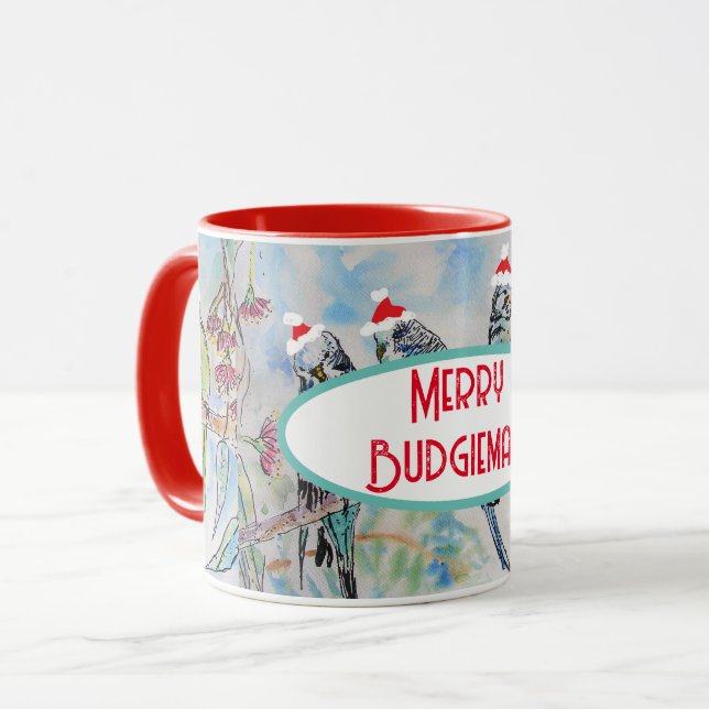 Taza Navidades de Santa Budgie Pájaro de pintura acuáti (Anverso izquierdo)