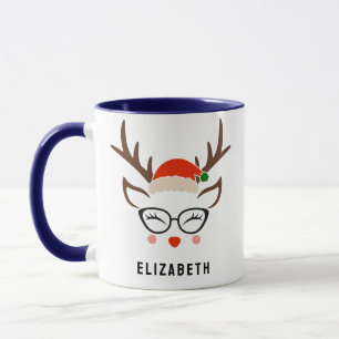 Taza Navidades de Santa Hat Reindeer Cute Chica Azul