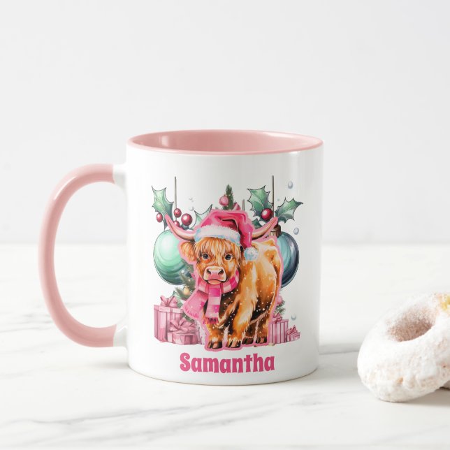Taza Navidades de vacas rosadas de Highland Chocolate c (Con donut)