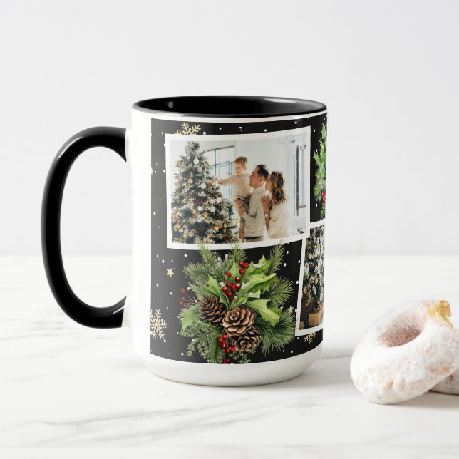 Taza Navidades del Collage de fotos negro botánico de i (Con donut)