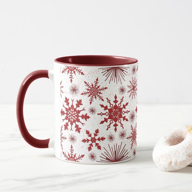 Taza Navidades Del Patrón De Copos De Nieve Rojo Y Blan (Con donut)