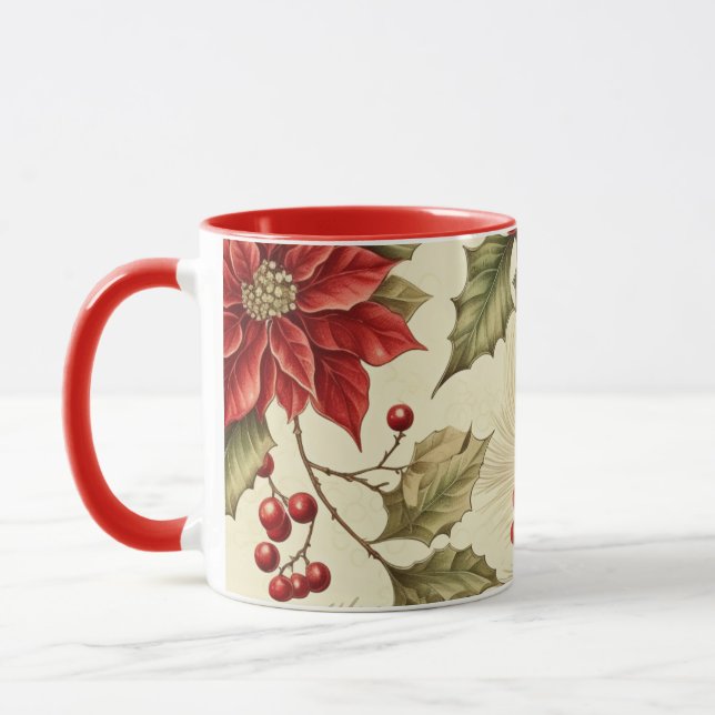 Taza Navidades del patrón de Poinsettia y Berries de ép (Izquierda)