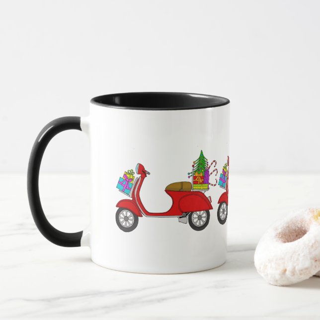 Taza Navidades dibujados a mano scooter con regalos Cof (Con donut)