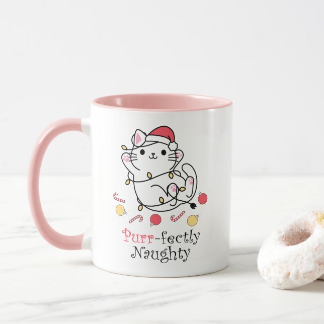 Taza Navidades divertidos Santa Cat Puramente traviesa (Con donut)