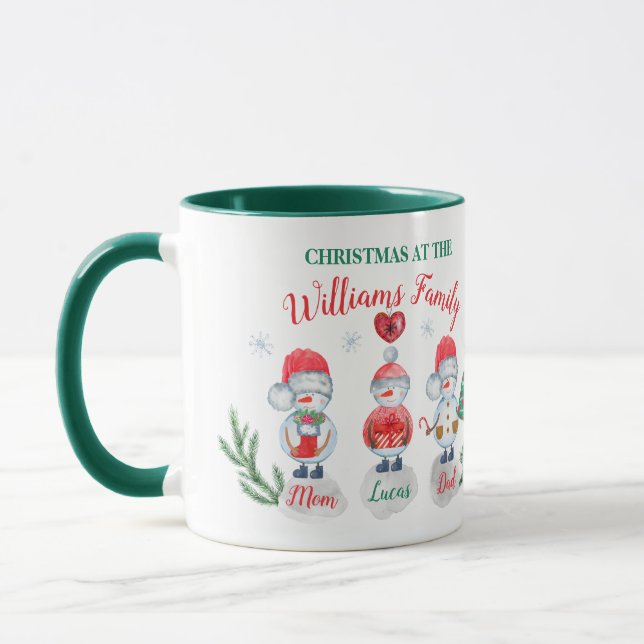 Taza Navidades familia nombre niños Snowman acuarela (Izquierda)