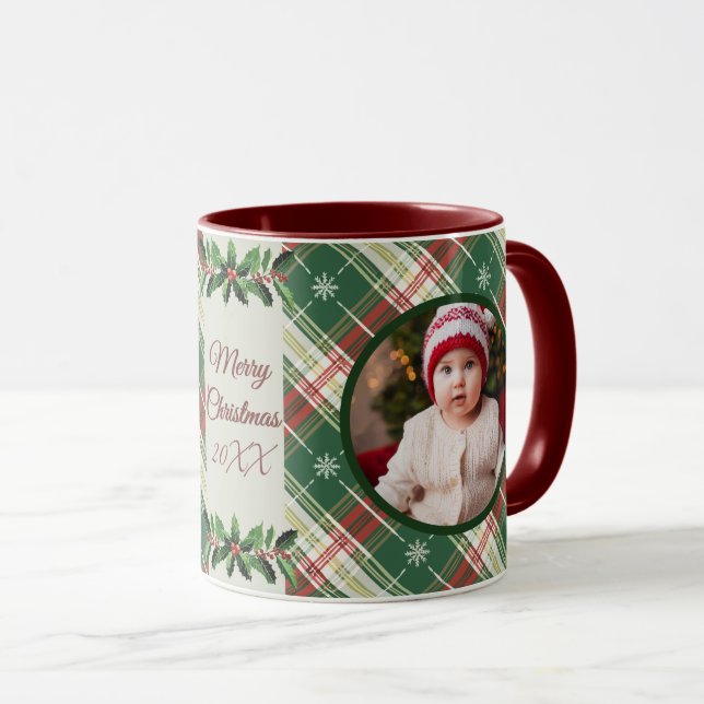 Taza Navidades familiares personalizados blanco, verde (Anverso derecho)