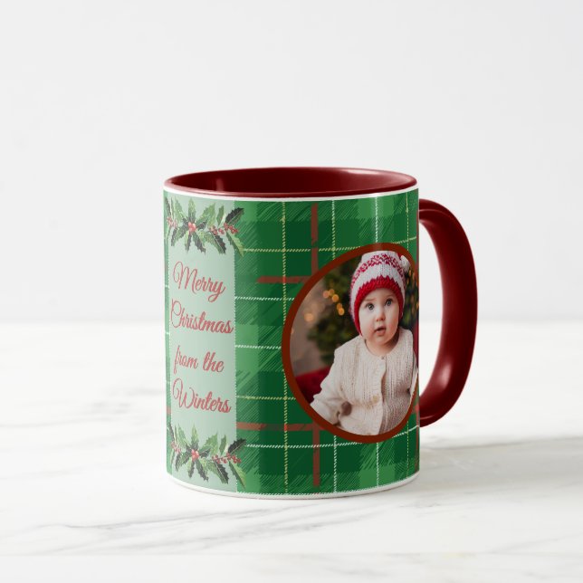 Taza Navidades familiares personalizados Green Plaid (Anverso derecho)