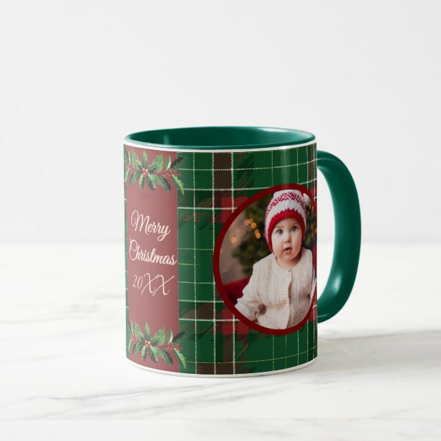 Taza Navidades familiares personalizados Green Plaid (Anverso derecho)