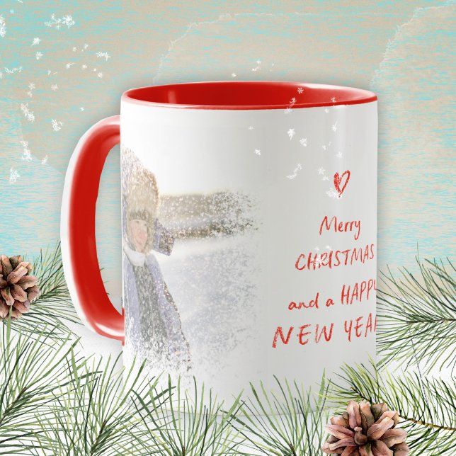 Taza Navidades Feliz Año Nuevo foto Corazón de nieve (Christmas New Year Photo Snow Heart Keepsake Mug ©Susanne Sachers - Sunny Mind Design 🌞)