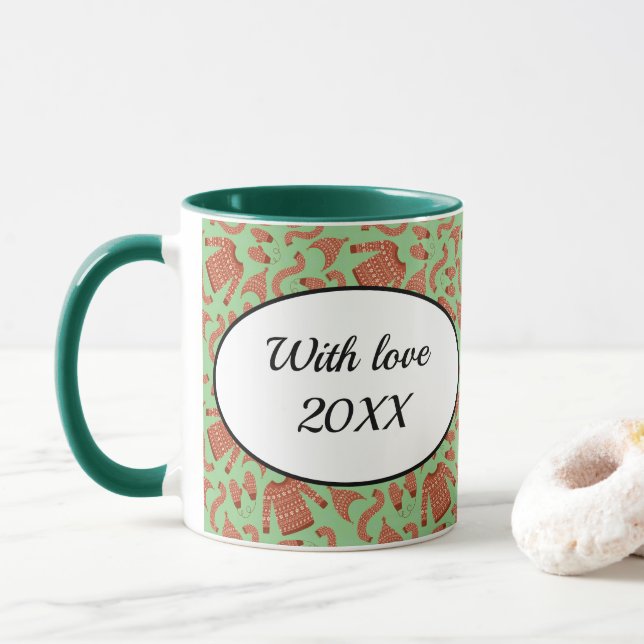 Taza Navidades feos Gorra suéter bufanda Blanco rojo (Con donut)