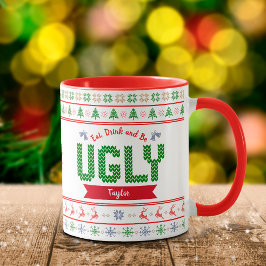 Taza Navidades feos suéter nombre de unidad verde nórdi