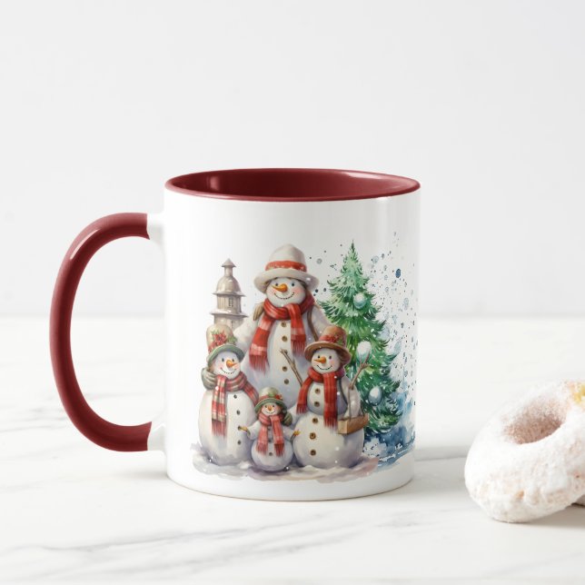 Taza Navidades festivos familia snowman agrega monogram (Con donut)