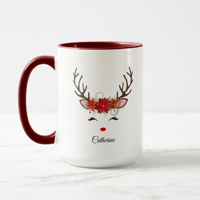 Taza Navidades florales nombre personalizado reno (Izquierda)