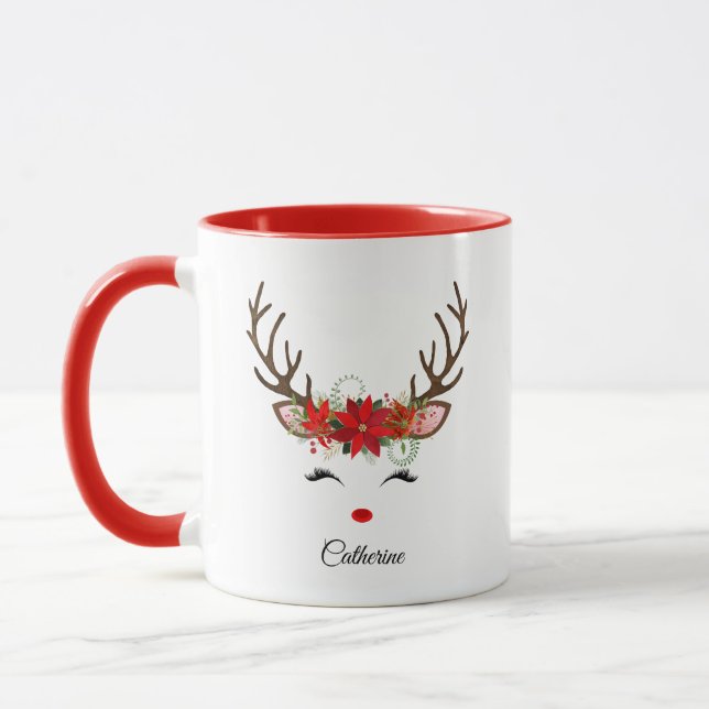 Taza Navidades florales nombre personalizado reno (Izquierda)