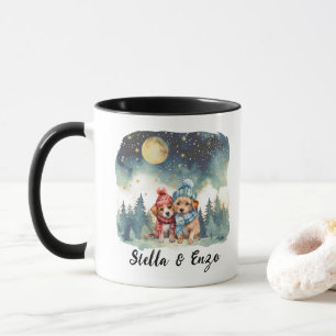 Taza Navidades Holiday Moon Rustic Dog Pareja Rojo Azul