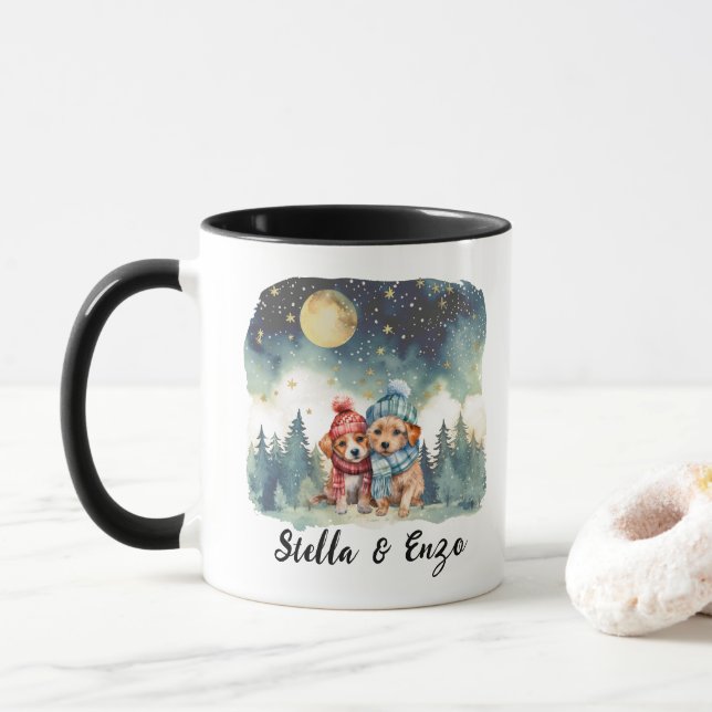 Taza Navidades Holiday Moon Rustic Dog Pareja Rojo Azul (Con donut)