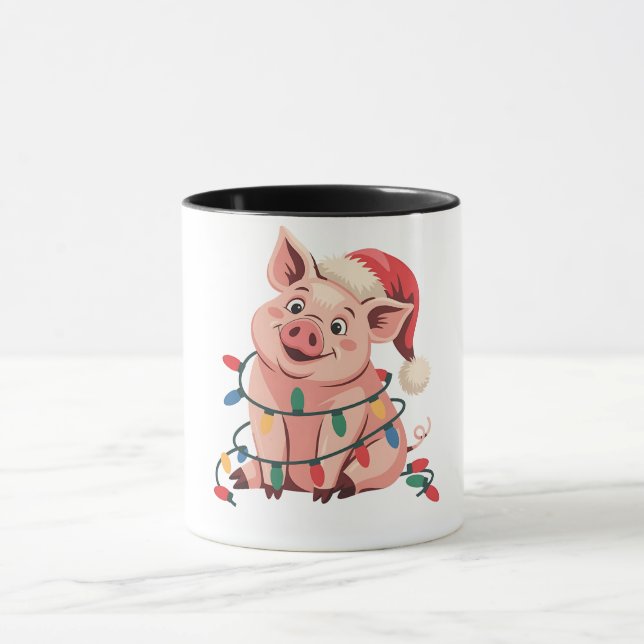 Taza Navidades Iluminan Cerdo Usando Gorra De Navidad - (Centro)