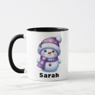 Taza Navidades Nombre personalizado de Snowman púrpura