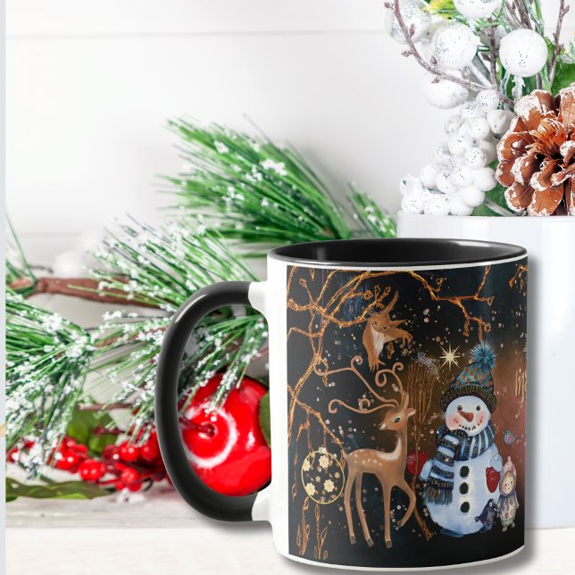 Taza Navidades Personalizados de comercio nocturno de S (Snowman & Deer Friends Night Tale Custom Christmas Mug)