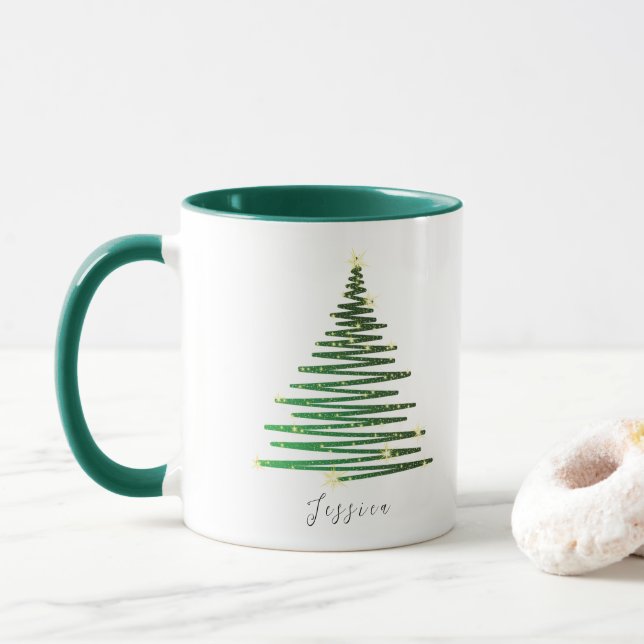 Taza Navidades personalizados del árbol verde Purpurina (Con donut)