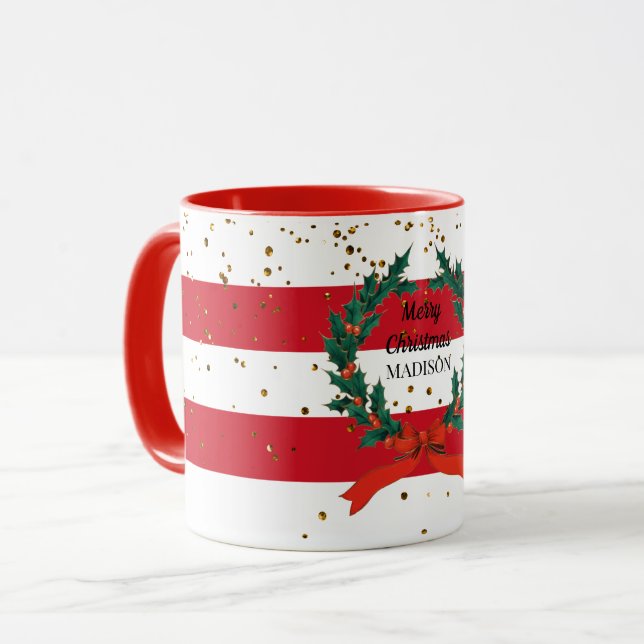 Taza Navidades personalizados Holly Berries Wreath Stri (Anverso izquierdo)