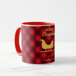 Taza Navidades Red & Black Buffalo Plaid Santa Sleigh