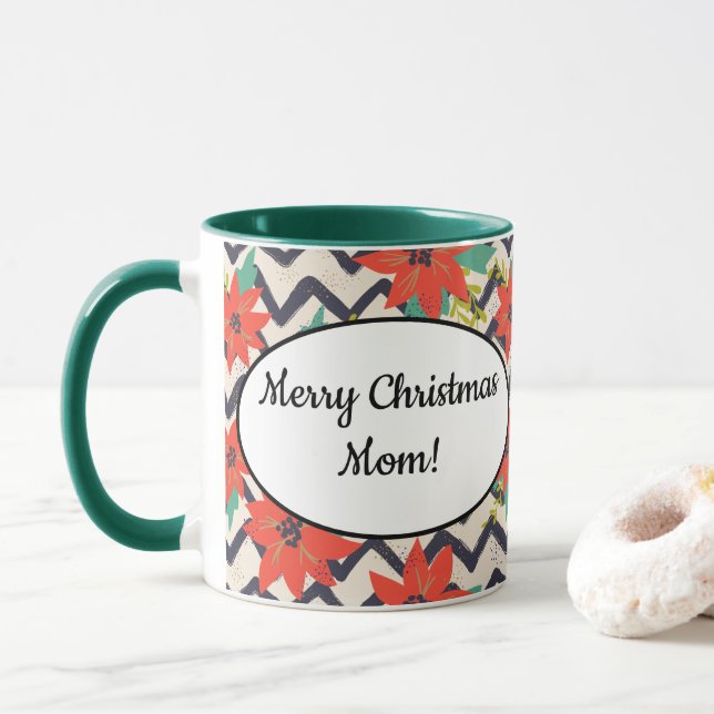 Taza Navidades Red Poinsettia Chevron Blanco y Negro (Con donut)