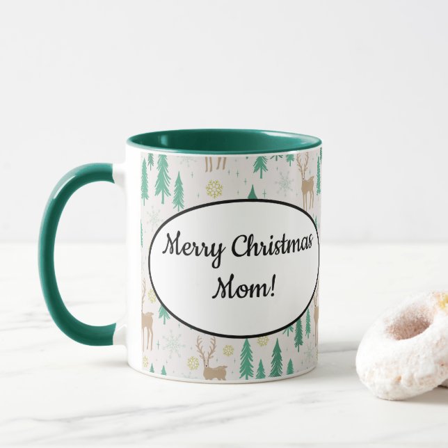 Taza Navidades renos en el bosque evergreen de invierno (Con donut)