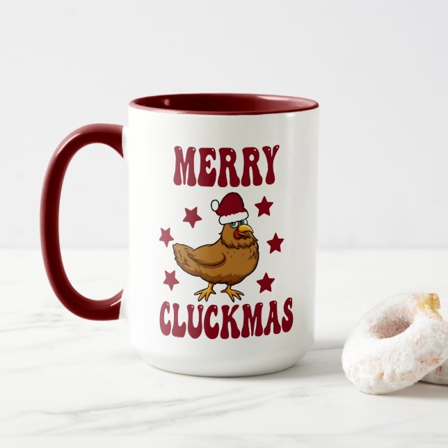 Taza Navidades retro Feliz Cluckmas Gracioso Pollo (Con donut)