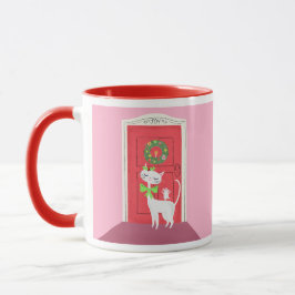 Taza Navidades retro gato blanco y rosa del ratón