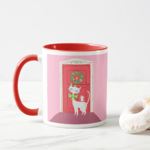 Taza Navidades retro gato blanco y rosa del ratón