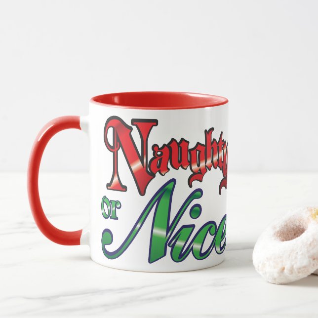 Taza Navidades retro, letras rojas traviesas o bellas (Con donut)