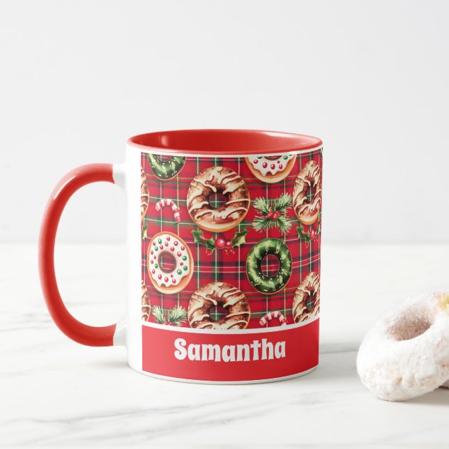 Taza Navidades Retro Rojo Donan Red Tartán Plaid (Con donut)