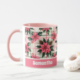 Taza Navidades Retro Rosado Plaid Floral Feliz Navidad