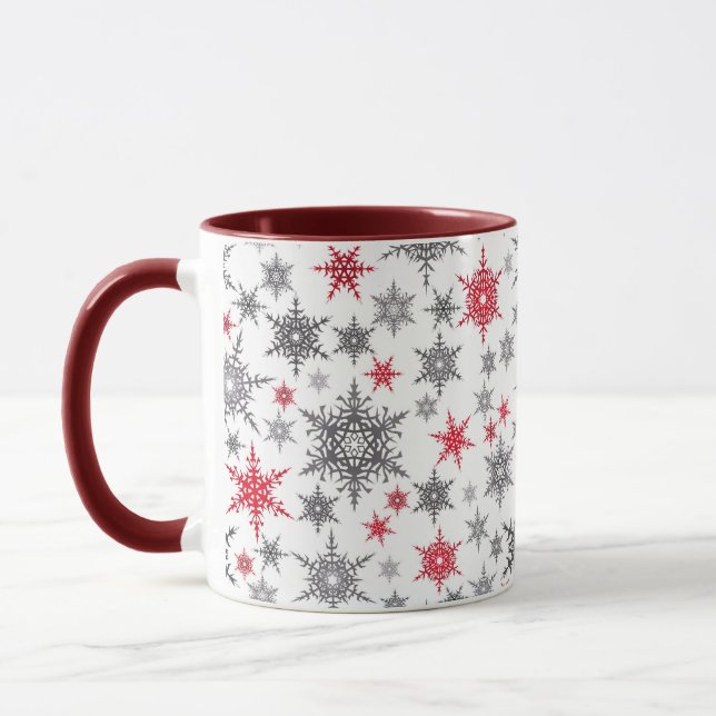 Taza Navidades, rojo, blanco, copos de nieve, invierno, (Izquierda)
