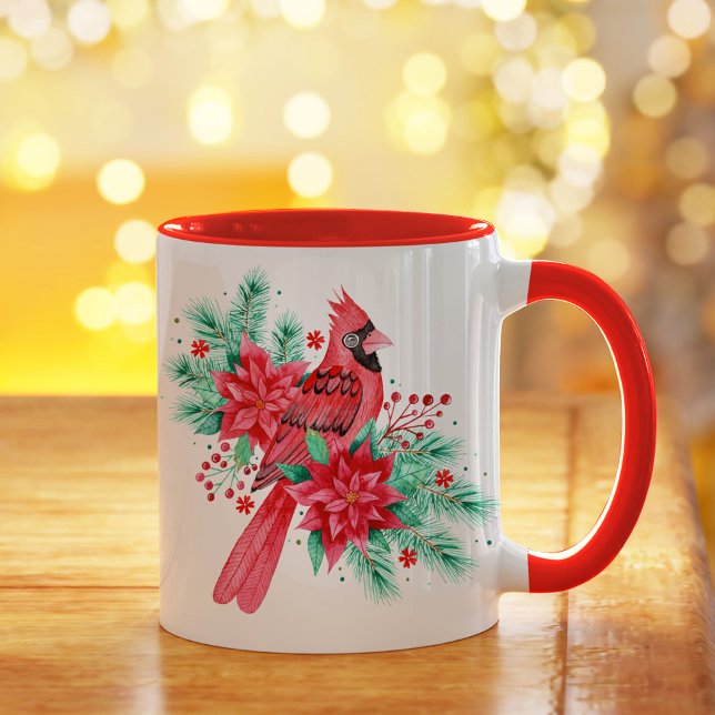 Taza Navidades rojos acuarela Cardenal Bird and Florals (Watercolor Red Christmas Cardinal Bird and Florals Mug)