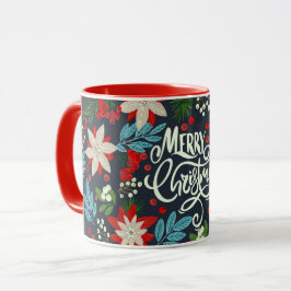 Taza Navidades rojos azul floral con letras Mug