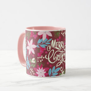 Taza Navidades rosa morado floral con letras Mug