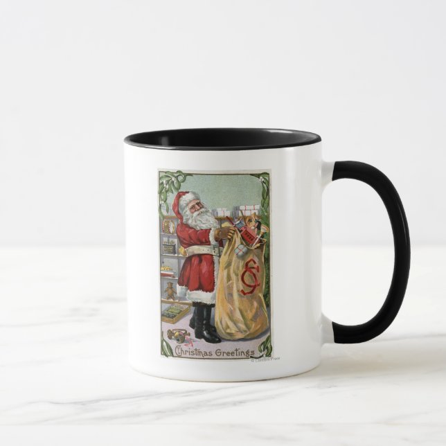 Taza Navidades saludando a Santa con un gran saco (Derecha)